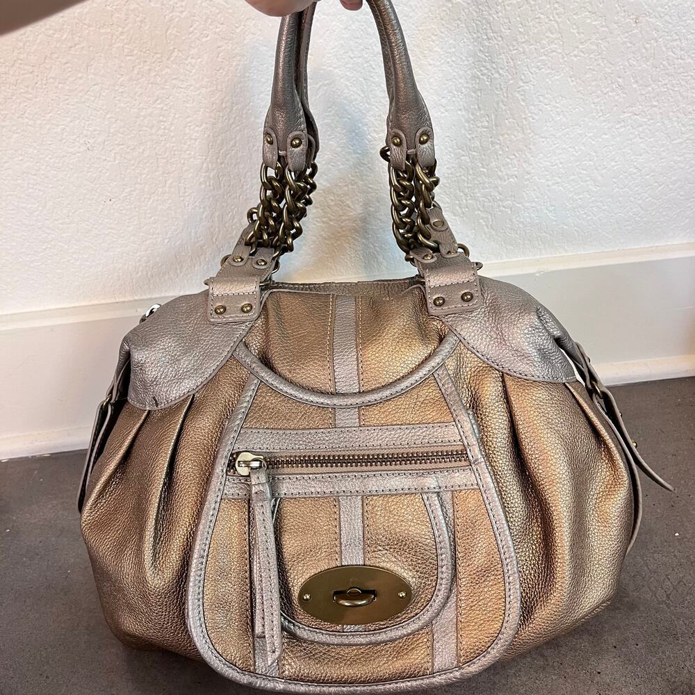 Lockheart Gold Metallic Leather shoulder Purse bronze chain handbag womens y2k